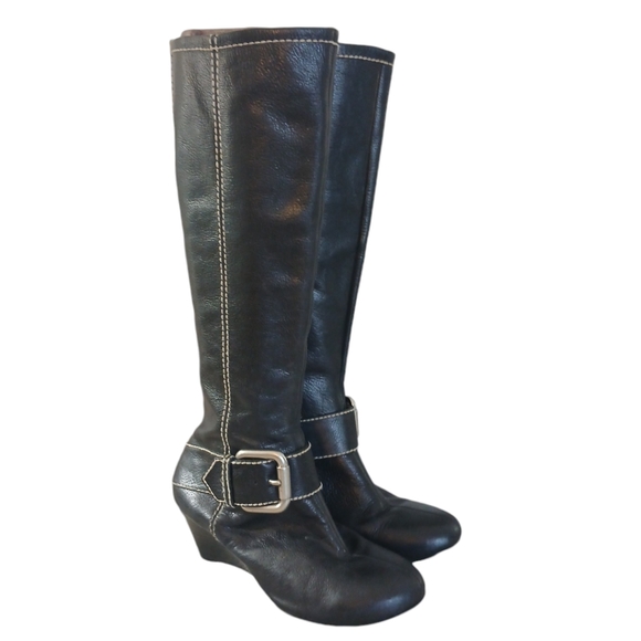Fossil Black Leather Knee High Wedge Boot Size 8 - Picture 15 of 15
